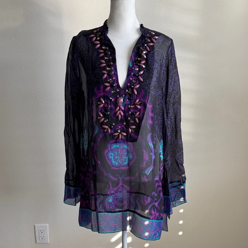 Hale Bob Sheer Black and Purple Tunic - Picture 1 of 12